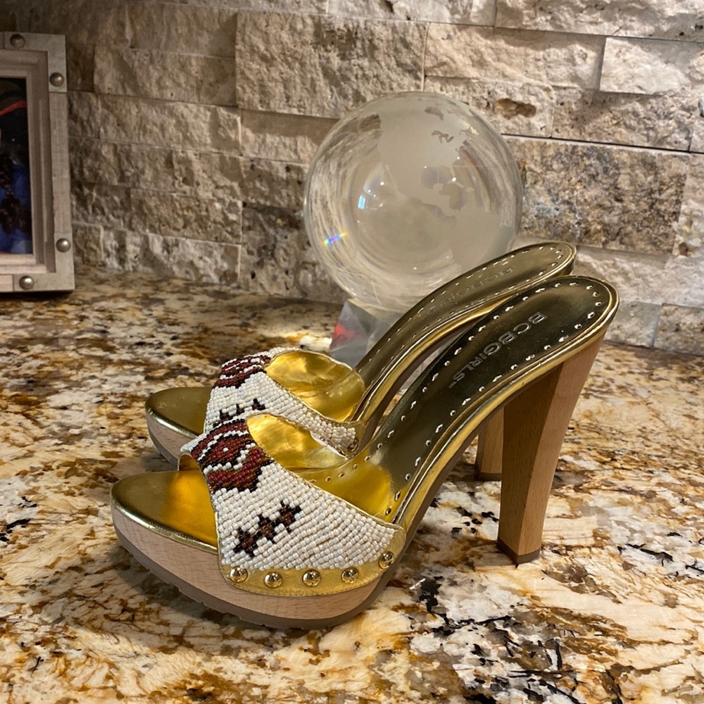 ❄️HP❄️BCBG Girls 7.5B Beaded Leather Open Toe Shoes NEW 5" Heel "Bonny"